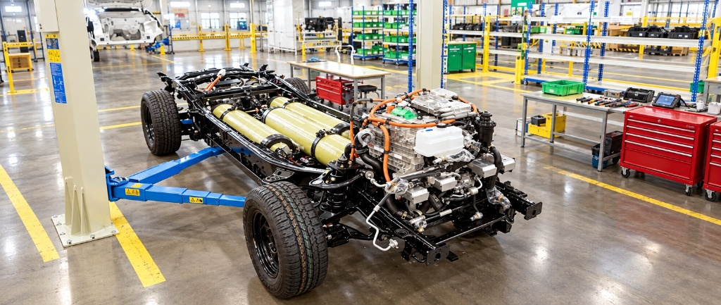 Hydrogen fuel-cell rolling chassis with tanks and drive unit on a workshop floor