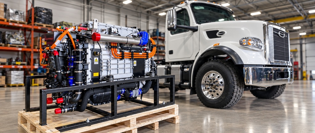 Hydrogen fuel-cell power module on a pallet in front of a truck