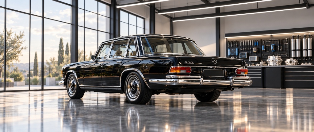 Black classic Mercedes-Benz 600 in a bright glass-walled workshop