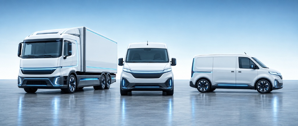 White hydrogen-electric truck and vans in a studio