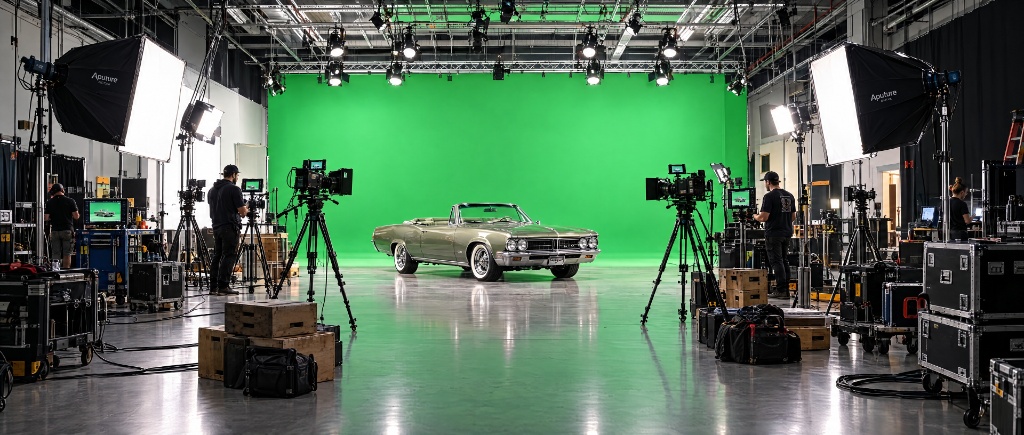 Film studio with a classic convertible on a green-screen stage